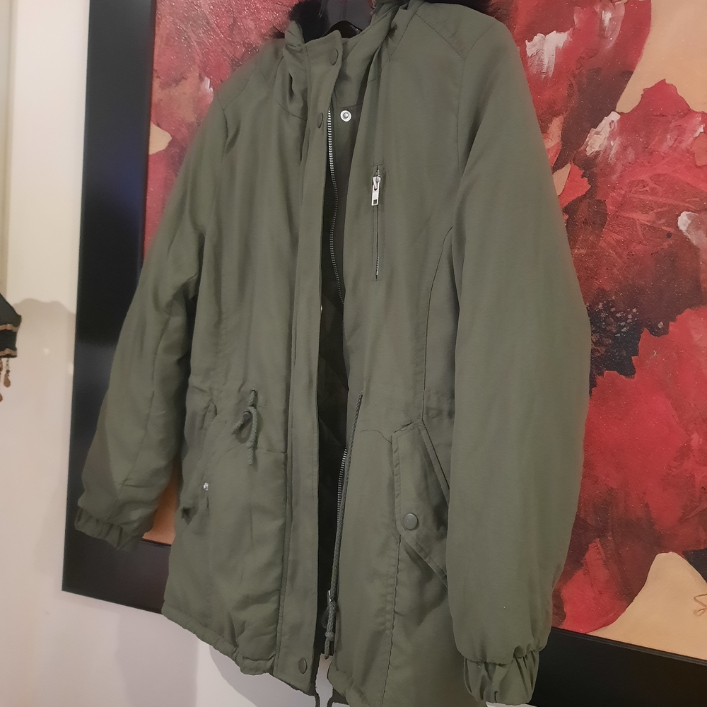 Women's Like New Cinchable Waist Olive Green Faux Fur Hooded Jacket Coat MED
